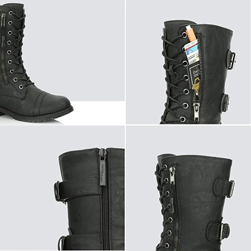 Women Boots Zip Buckle Black Combat Boots Credit Card Pocket Booties Lace Up Black Shoes Motorcycle Boots Take Zipper Shoes images - 6