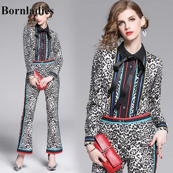 

Bornladies Fashion Designer Leopard Print Pants Suits Women's Bow Long Sleeve Blouse + Flare Pants Office Lady Two Piece Set