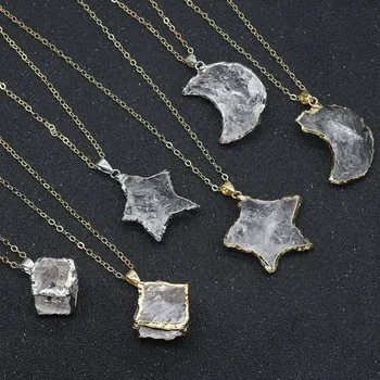 

New arrivals gemstone natural clear quartz crystal star and moon shaped pendant with chain for popular accessories