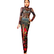 

Rose Pattern Printing High Split Fork Dress Rhinestones Floor-Length Dresses Backless Ladies Nightclub Performance Dance Costume