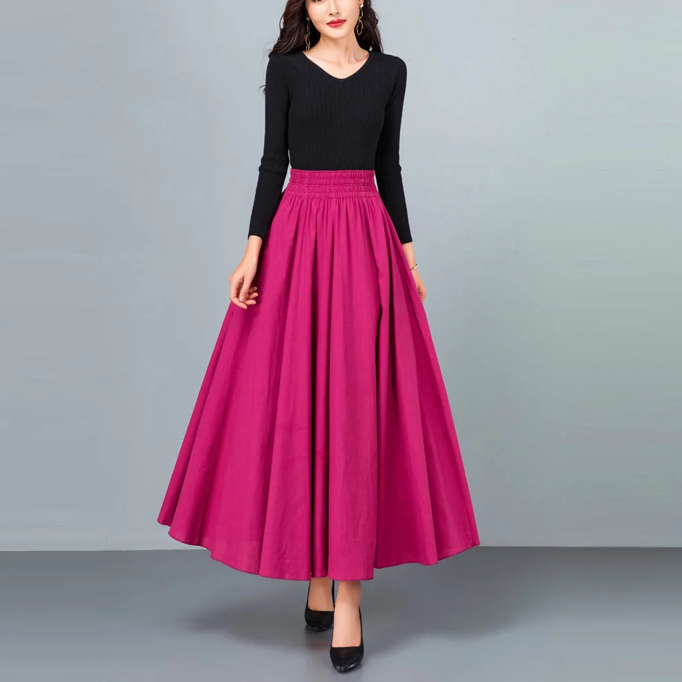 Women's Rose Cotton and Linen A-Line Maxi Skirt pocket Casual