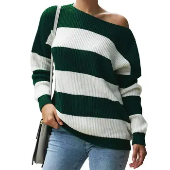 

EFINNY Women Loose Sweaters Striped Thick Long Sleeve Tops Autumn Winter Warm Sweaters O-Neck Basic Pullovers