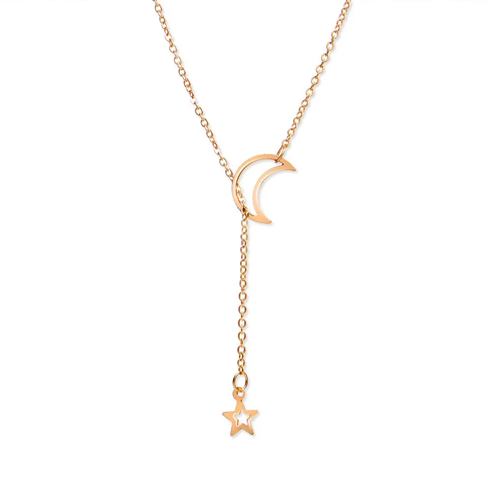 Wholesale Women Simple Alloy Necklaces Moon Star Vintage Minimalist Gold Lariat Necklace 2019