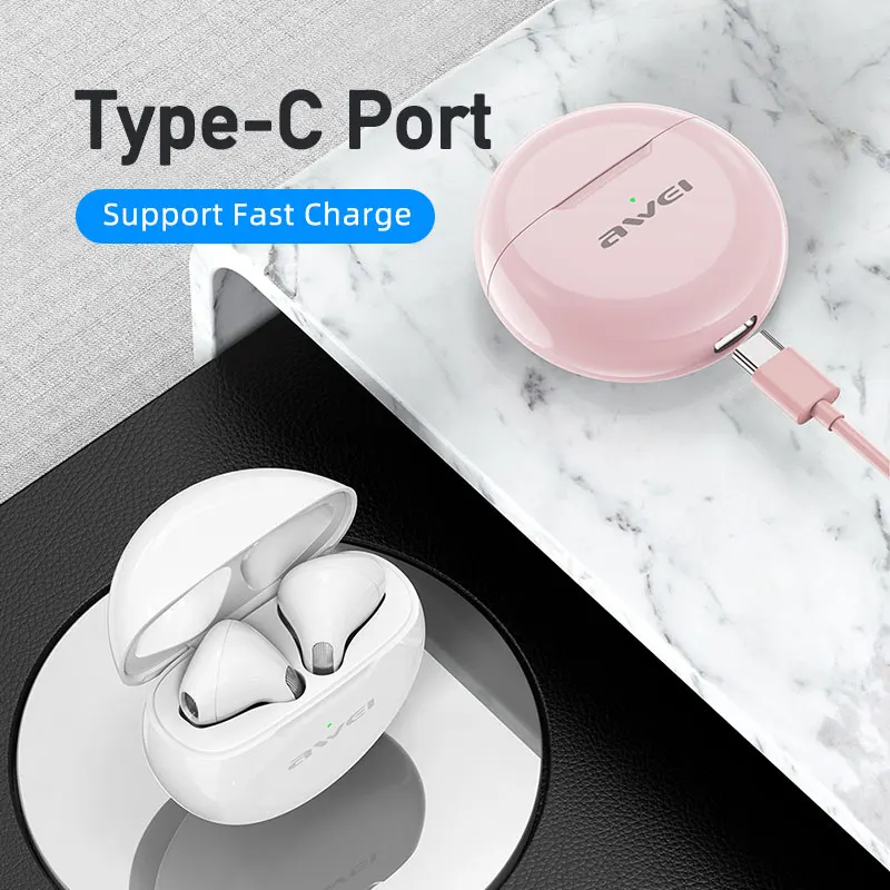 AWEI T17 TWS Bluetooth Headsets Wireless Earbud Gaming Mini Half in Ear Type-C Charging Case With Microphone For Sport Game Play 4