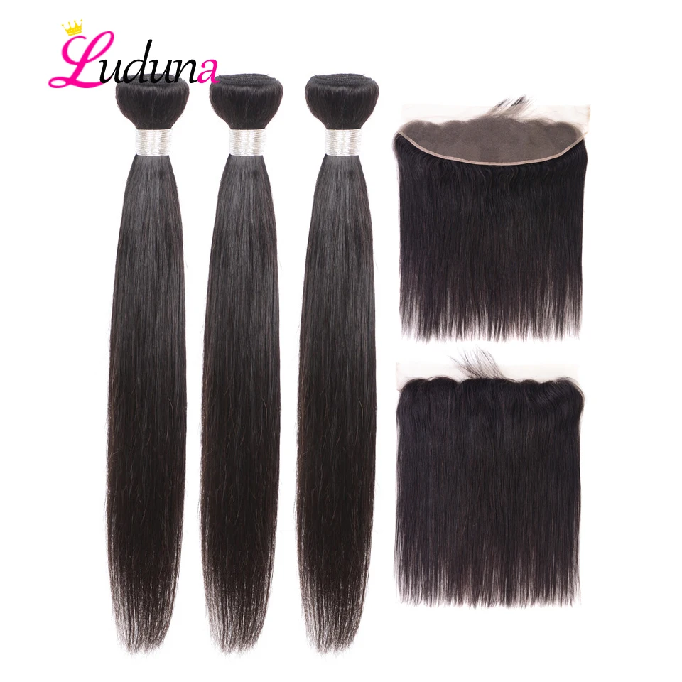 

Luduna Brazilian Hair Weave Bundles Straight Hair Bundles With Closure 3 Bundles With Frontal Closure Remy Human Hair Extension