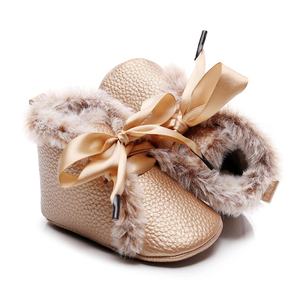 Emmaaby/Первые ходунки для маленьких мальчиков и девочек 0-24 месяцев; детская бандажная обувь; пушистые зимние теплые однотонные ботинки из искусственной кожи на мягкой нескользящей подошве