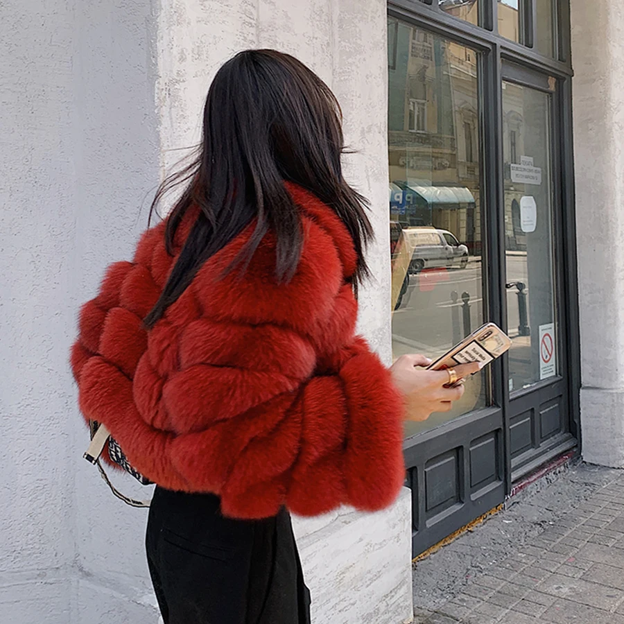 With Hood Fluffy Red Fur Coats For Womens Fashion Cropped Fox Fur