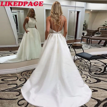 

LIKEDPAGE Simple A-line Wedding Dresses Sleeveless White Ivory Satin Vestido De Novia Crystal Sash Sweep Train Bridal Dress
