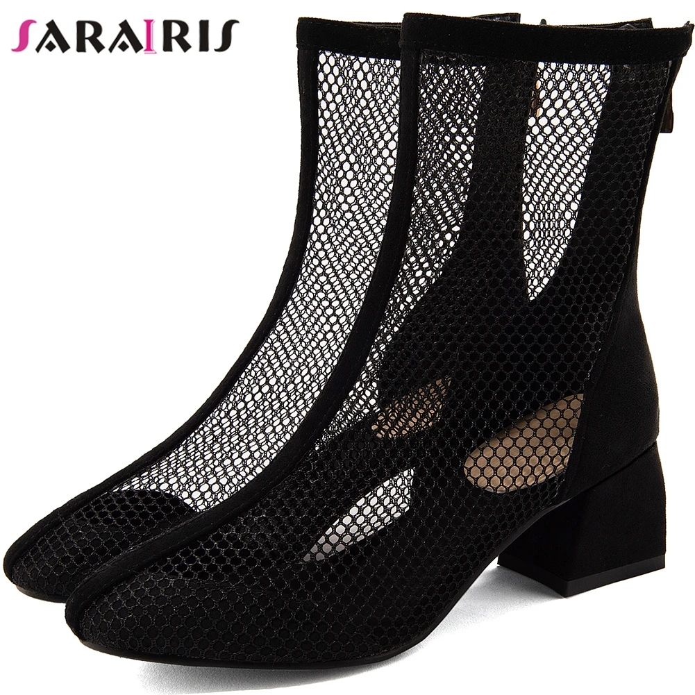 

SARAIRIS Big Size 32-43 New Female Fashion Mesh Hollow Summer Boots Party Ol Boots Women Chunky High Heels Shoes Woman
