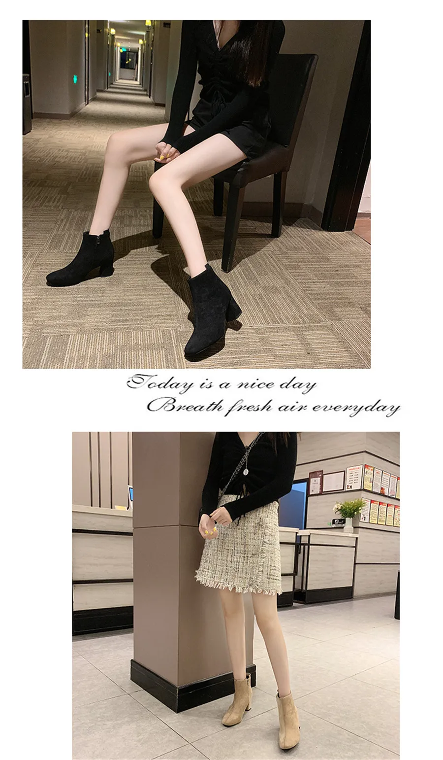 STQ; коллекция года; модные черные зимние ботинки для женщин; зимние ботинки из флока на толстом каблуке; женские ботинки на меху с молнией на высоком каблуке; 1085