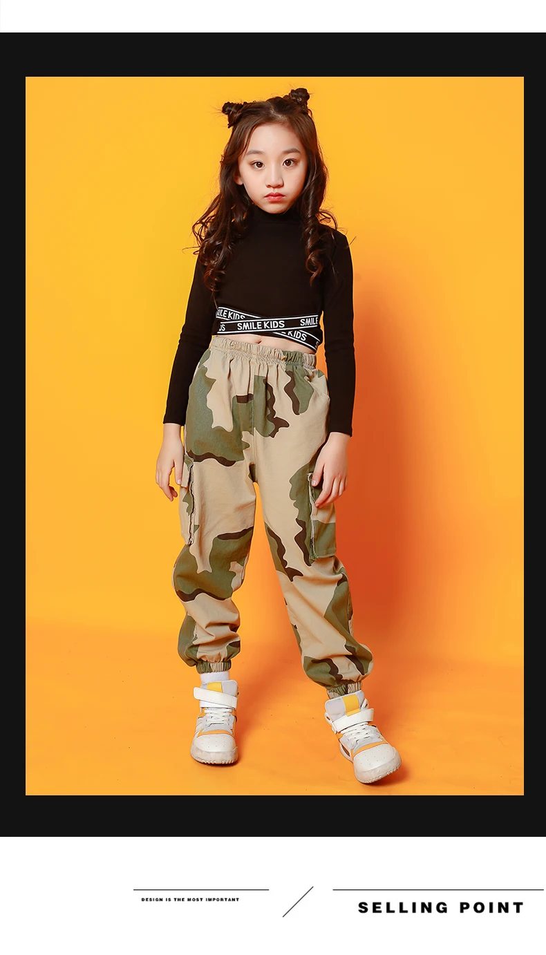 Hip Hop Dance Costumes Crop Cross Top Coat Camouflage Pants Girls Jazz Clothing Children Street Dancing Stage Performance Wear (6)