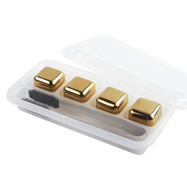Golden Reusable 304 Stainless Steel Whisky Stones With Tongs Food Grade Quick Frozen Chilling Ice Cube Cooler For Wines & Drinks 4 packs