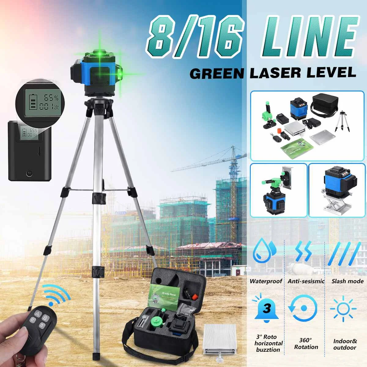 RC 360° 8/16 Lines Green Laser Level Detector 3D LCD Remote Control Self-Leveling Horizontal& Vertical Laser Level with Tripod