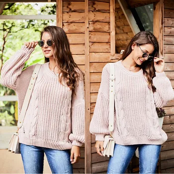 

Women Spring Autumn Fashion Korea Style Round Neck Oversize Solid Color Knitted Lantern Long Sleeve Hollow Out Casual Sweater
