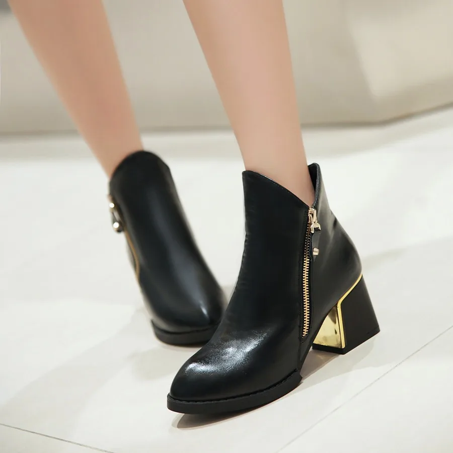 

Autumn And Winter New Style Pointed Toe Chunky Heel Short Boots Zipper Semi-high Heeled Martin Boots College Style WOMEN'S Boots