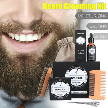 

6pcs/set Men Beard Kit Styling Tool Beard Aprons Balm Beard Oil Comb Moisturizing Wax Styling Scissors Beard Care Set