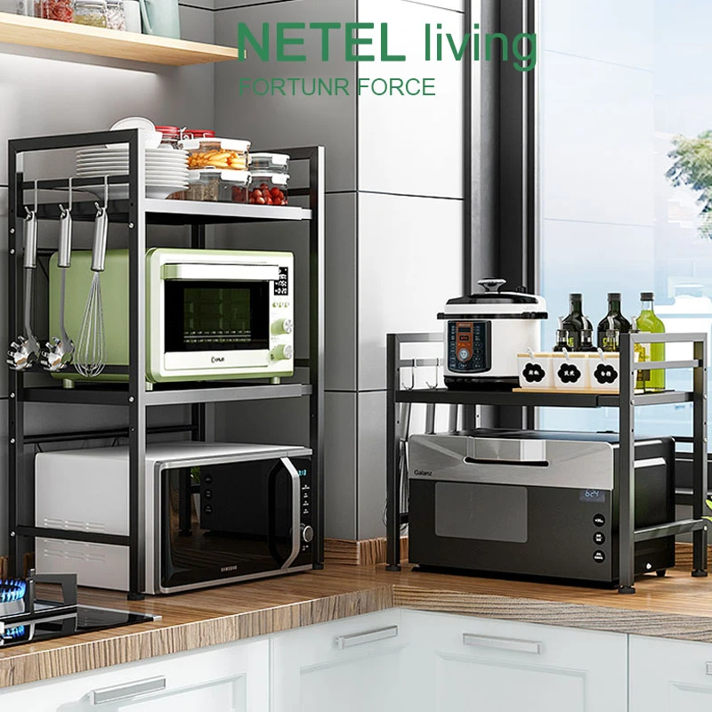 Netel Expandable And Height Adjustable Microwave Oven Rack Kitchen Storage Organizer Cabinet Counter Standing Shelf With 3 Hooks Storage Holders Racks Aliexpress