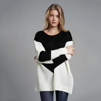 

Bikitique Loose Patchwork Knit Fashion Sweater Round Neck Long Sleeves Women's Pullover INS Casual Sweater Wool Soft Sweater