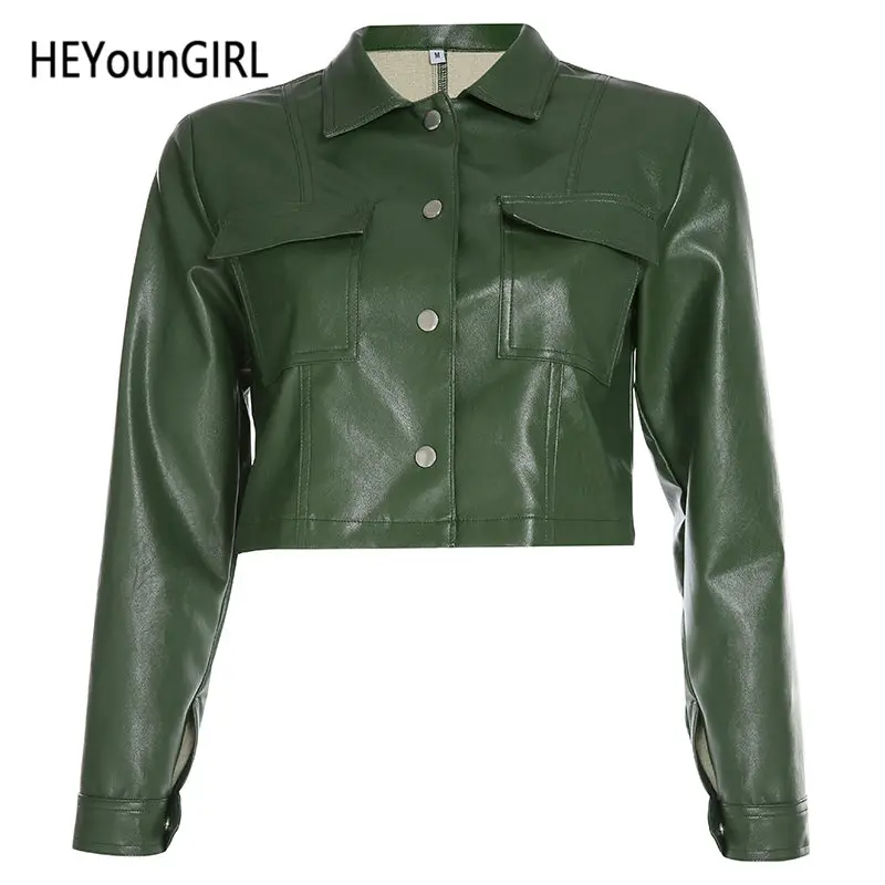 HEYounGIRL Harajuku укороченная куртка из искусственной кожи с рукавом лпн зеленое пальто женское повседневное элегантное пальто дамское осеннее уличное пальто - Цвет: Зеленый