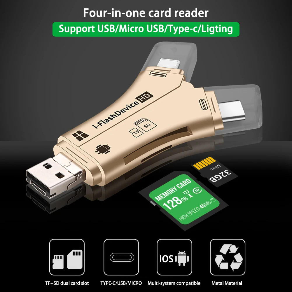 4 в 1 i флеш накопитель USB Micro SD и TF кардридер адаптер для iPhone 5 6 7 8 iPad Macbook Android