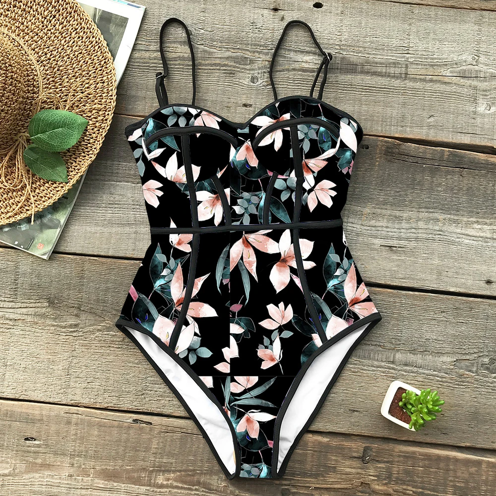 Summer Style One Piece Swimsuit For Women Palm Print Swimwear Leaves Printed Monokini Pad Bathing Suit Beach Wear Female