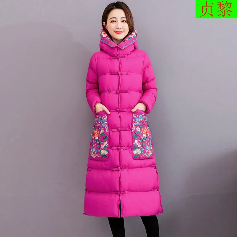 

2018 Winter New Style WOMEN'S Dress National Wind Cotton-padded Jacket Exta-long over-the-Knee down Cotton Clothes Slim Fit down