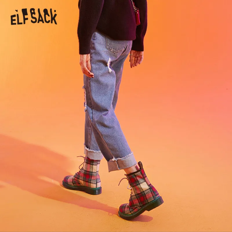 ELFSACK, синие, одноцветные, потертые, прямые, повседневные джинсы для женщин, зима, новые, клетчатые, лоскутные, офисные, для девушек, базовые штаны для ежедневной носки