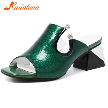 

Karinluna 2020 New Arrivals Genuine Cow Leather Slip-On Summer Shoes Woman Pumps Chunky Heels Peep Toe Pumps Mules Women Shoes