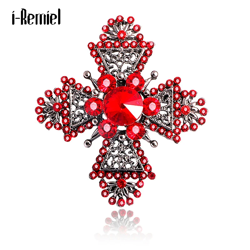 

New Red Crystal Rhinestone Cross Brooches Luxury Jewelry Coat Lapel Pin Dress Shawl Buckle Cardigan Vintage Wedding Accessories