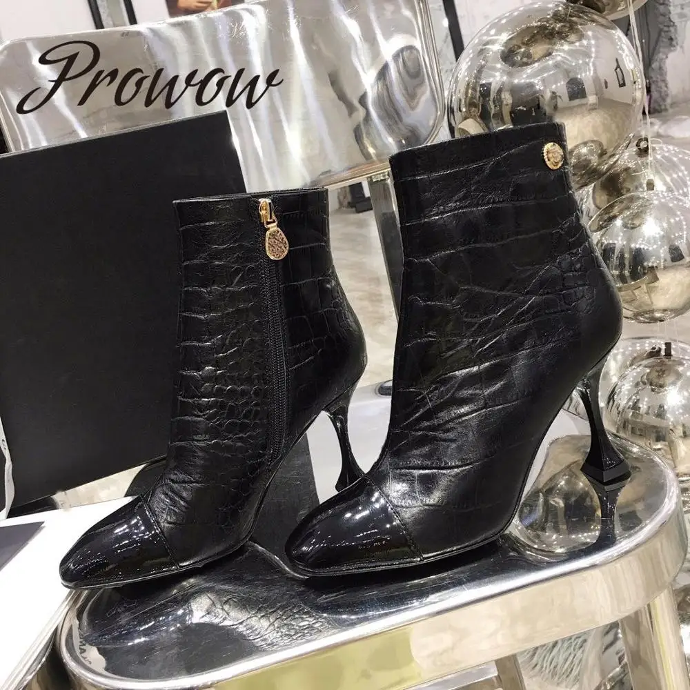 

Prowow New Glod Black Genuine Leather Zip Side Ankle Boots Round Toe Thin High Heel Fashion Winer Autumn Boots Shoes Women