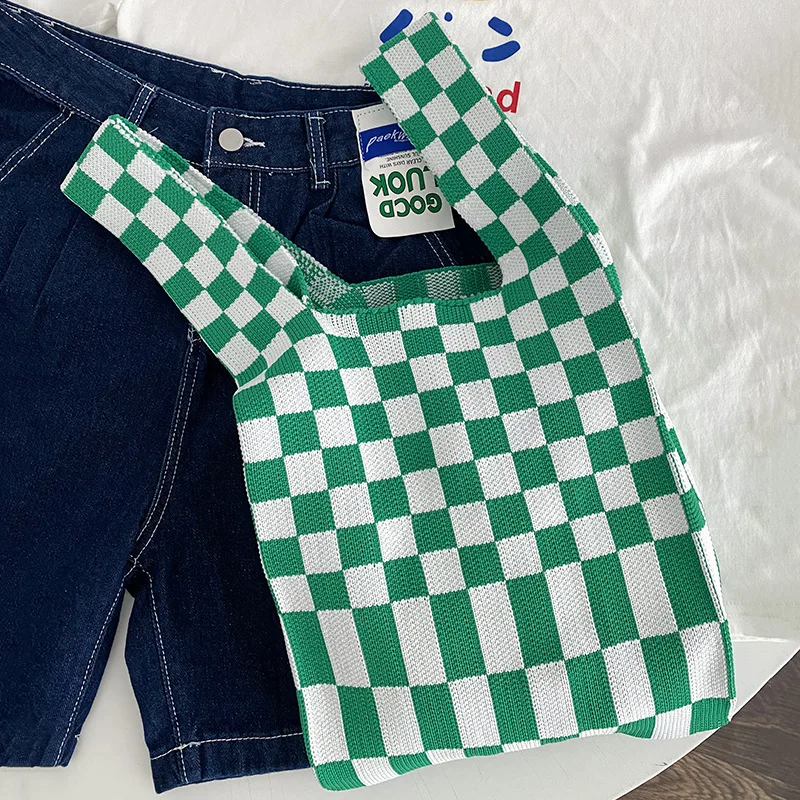 Female Woolen Knitting Clash Color Striped Shoulder Wrist Bags Vintage Chic Capacity Handbag Ladies Casual Messenger Tote Bag