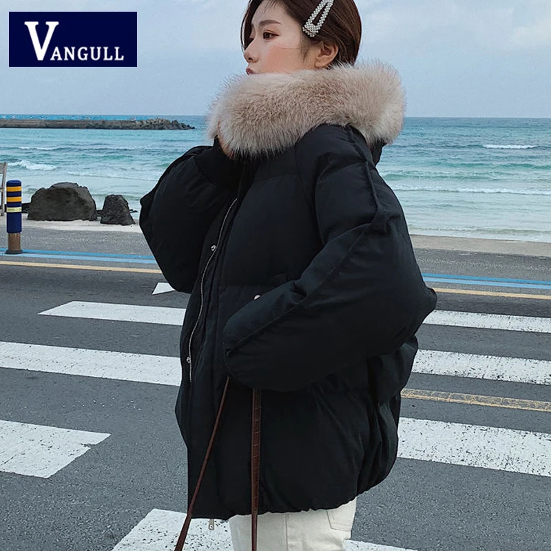 Vangull/женская зимняя куртка-парка с большим меховым воротником, пальто с капюшоном, новинка года, повседневные плотные Свободные Женские однотонные парки с длинным рукавом, пальто