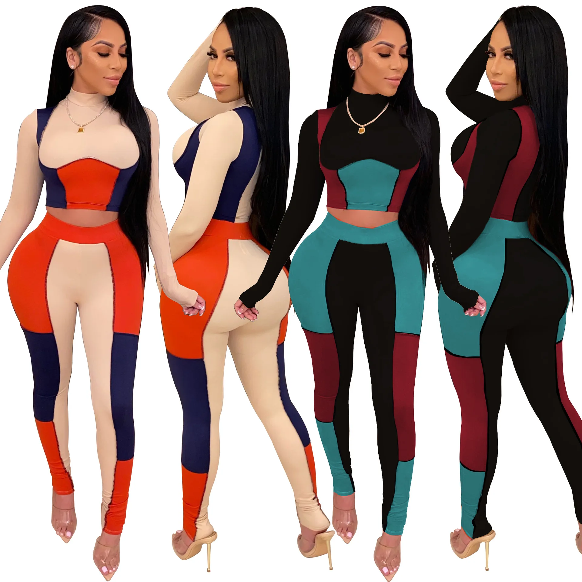 

Fashion Active Color Block Patchwork Tracksuit Women Jogger Casual Fitness Long Sleeve Crop Top + Pants Slim Club Two Piece Set