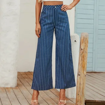 

Autumn New High Waist Loose Striped Wide Leg Jeans Leisure Loose Vintage Jeans Women Korean Style All-match Full-length Pants