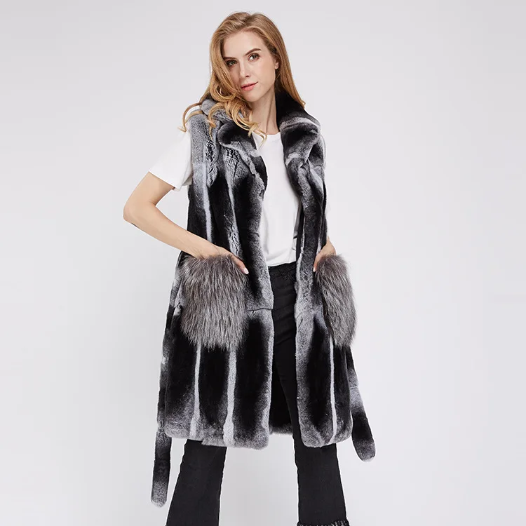 autumn winters fashion new long Fur pocket the whole leather rex rabbit Fur fox fur waistcoat