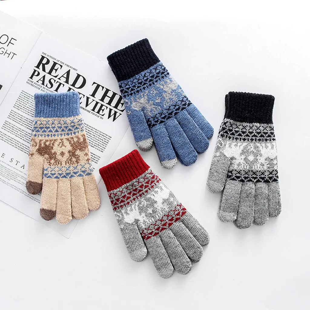 Рождественские перчатки унисекс, зимние теплые перчатки, утепленные бархатом, вязаные перчатки для верховой езды, перчатки для сенсорного экрана, женские перчатки