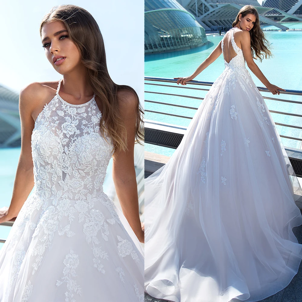 Halter Neckline Appliques Bridal Wedding Dresses Lace A-line Long Train Gowns Romantic Vestido de Noiva Open Back | Свадьбы и