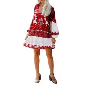 

Women Christmas Printing Midi Dress, Casual Lantern Sleeve One-piece, Loose V-neck Top for Spring, Fall