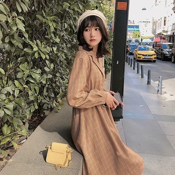 

MISHOW 2019 Autumn Vintage Style Lapel Dress Women Causal Long Sleeves Belt Single Breasted Knee-length Dress MX19C1324
