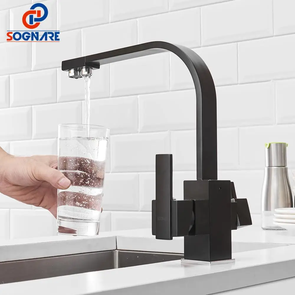 Black Square Kitchen Faucets 360 Degree Rotation 3 Way Water