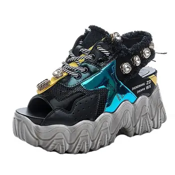 

Summer Women's Cow Leather Platform Wedge Sandals Open Toe Fashion Sneakers High Heels Rhinestone Ankle Boots Party PuMPS