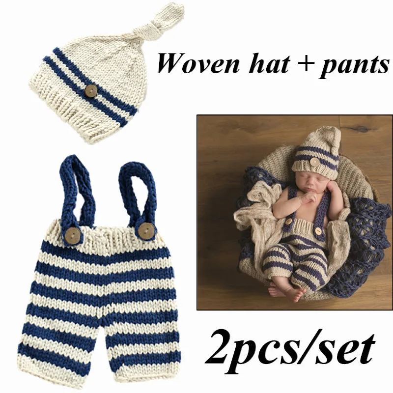 Crochet Knit Overall Bib Pants + Hat 2Pcs Sets Striped Outfits Baby Photo Costume Clothes Newborn Photography Prop