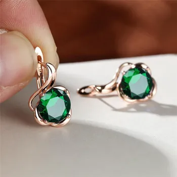 Cute Green Blue Stone Flower Hoop Earrings For Women Rose Gold Color Round Zircon Wedding Jewelry