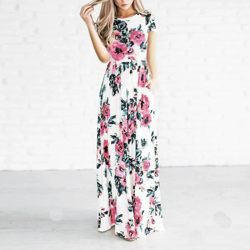 Najtaniej Nowy 2020 kobiet sukienka wiosna lato Maxi sukienki modne kwiatowe drukuj długi krótki rękaw casual sukienka damska odzież damska