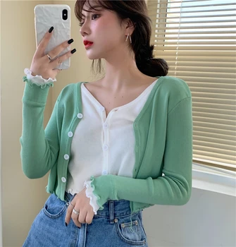 

Fake Two Piece Patchwork Summer Tshirts Ruffles V-Neck Sexy Korean Shirts Vintage Cropped Tops Single Breasted Knitted Tops W533