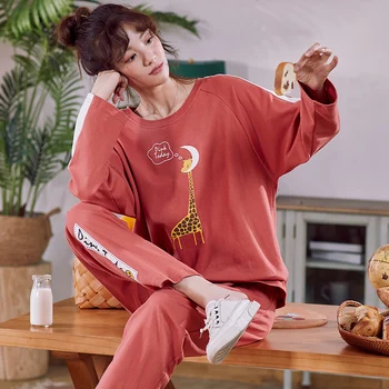 

Lady Pajamas Spring Autumn Cotton Long Sleeves With Trousers Pajamas Set Leisure Home Daily Bathing Pajamas Two-Piece Set