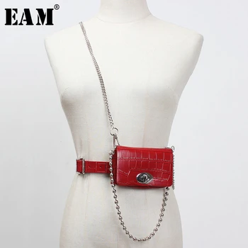 

[EAM] Pu Leather Black Chain Split Joint Mini-bag Long Belt Personality Women New Fashion Tide All-match Spring 2020 1S924