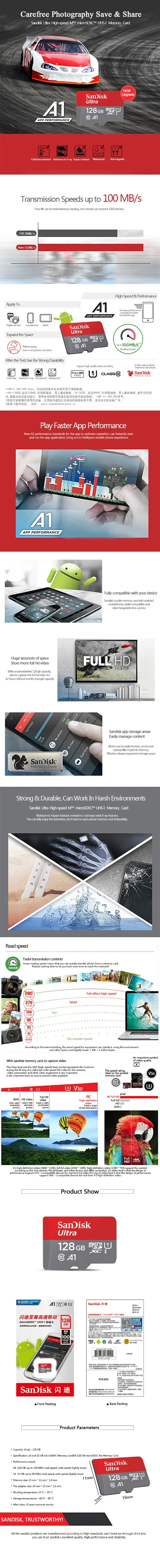 SanDisk карта Micro SD 16 г 32 г 64 г 128 г C10 U1 A1 карта памяти Micro TF флэш карта SDXC SDHC скорость до 98 м/с для телефона компьютера