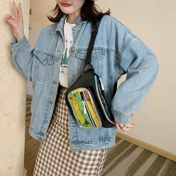 

Fashion Laser Splicing Fanny Waist Bag Women PU Leather Casual Chest Zipper Crossbody Pack for Decorative Streetwear