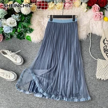 Винтажная Двухслойная юбка миди из золотого бархата с высокой талией, новинка, весенняя и осенняя тонкая плиссированная юбка для женщин Saia Faldas